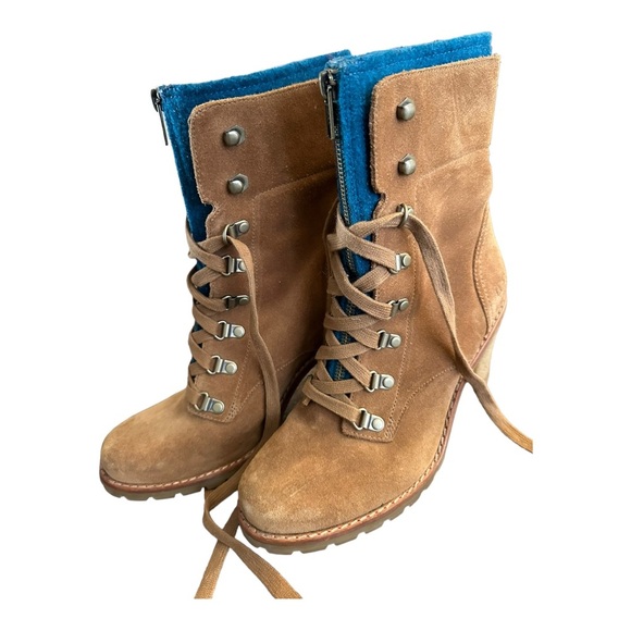 UGG suede camel brown lace up zipper heeled winter boots - Picture 5 of 14